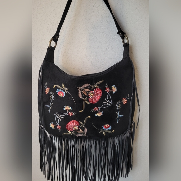Y2K Black Embroidered Fringe Shoulder Bag Boho 90s Floral Suede Look - Picture 11 of 15